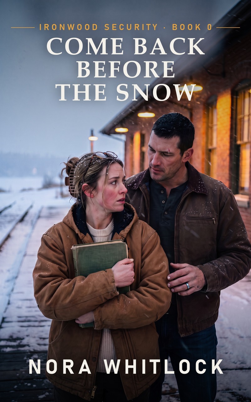 Cover of Come Back Before the Snow by Nora Whitlock: a man and a woman on a snowy railroad platform at dusk